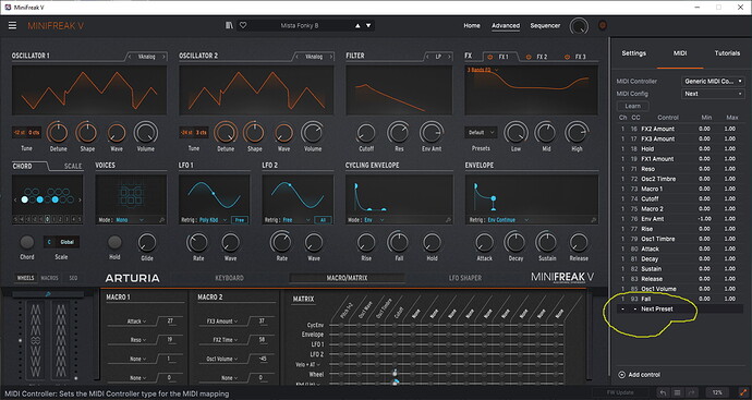 Minifreak Next Preset midi learn