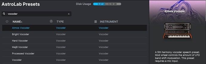 AstroLab Vocoder input presets