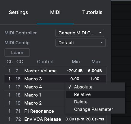 Pigments MIDI config right clcik over a parameter menu